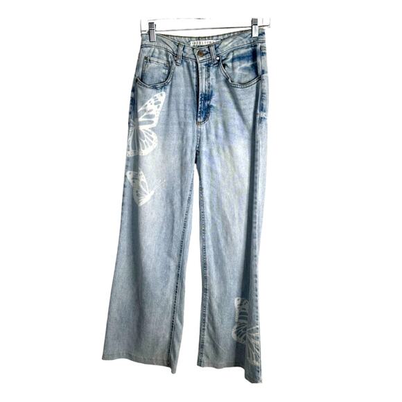 Vintage Y2K Womans 26 Wide Leg BUTTERFLY High Waist Rise Jeans Light Denim Boho - Picture 2 of 6